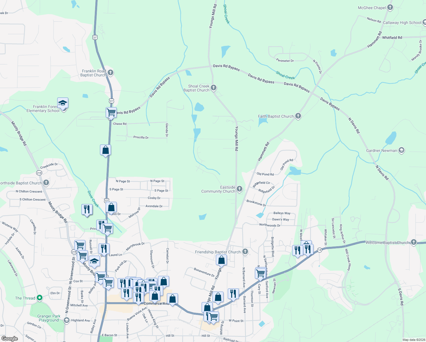 map of restaurants, bars, coffee shops, grocery stores, and more near 120 Celebration Boulevard in LaGrange