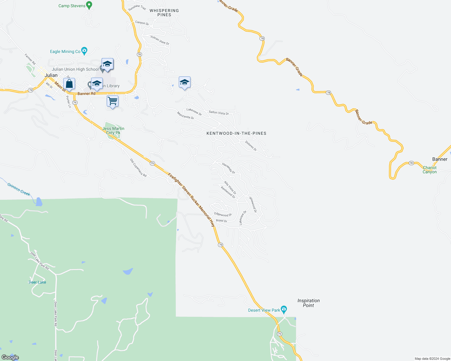 map of restaurants, bars, coffee shops, grocery stores, and more near 3409 Alta Vista Drive in Julian