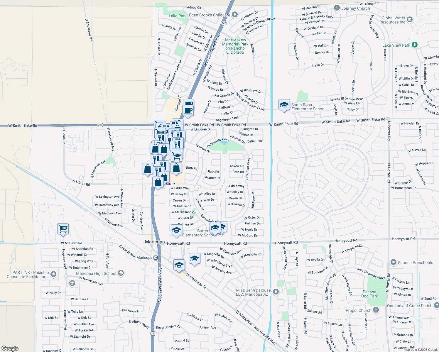 map of restaurants, bars, coffee shops, grocery stores, and more near 43782 Kramer Lane in Maricopa