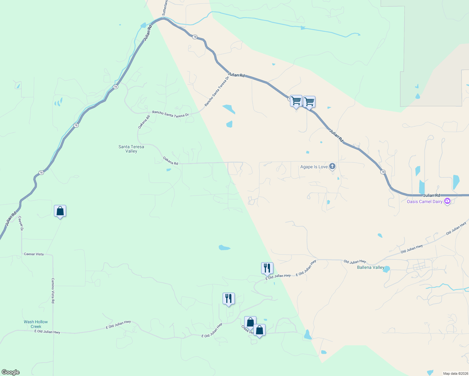 map of restaurants, bars, coffee shops, grocery stores, and more near 19577 Oak Mountain Road in Ramona