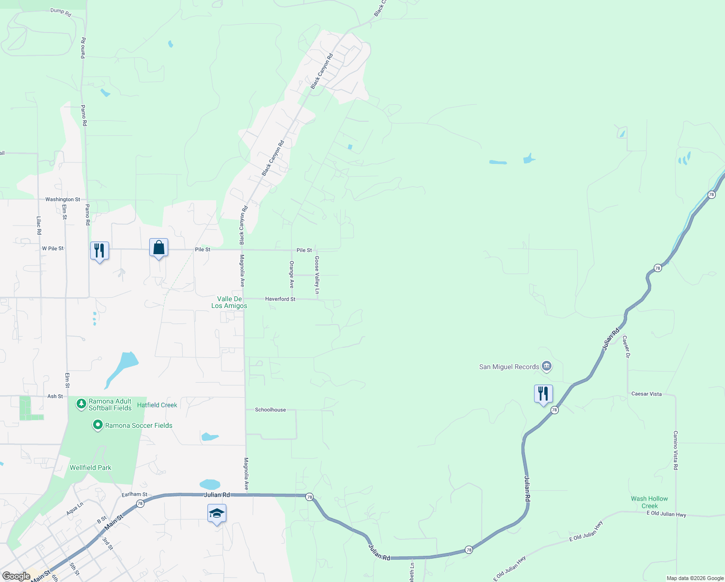 map of restaurants, bars, coffee shops, grocery stores, and more near 991 Cliffrose Circle in Ramona