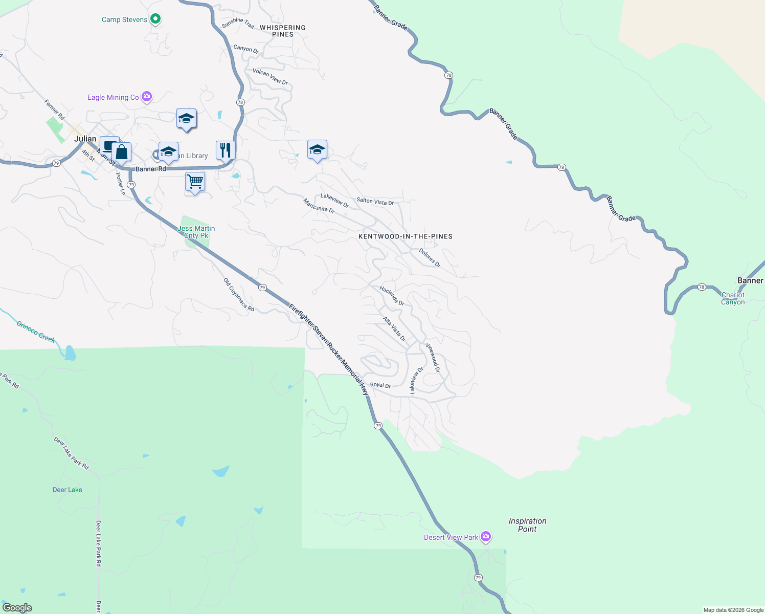 map of restaurants, bars, coffee shops, grocery stores, and more near 813 Woodlawn Drive in Julian