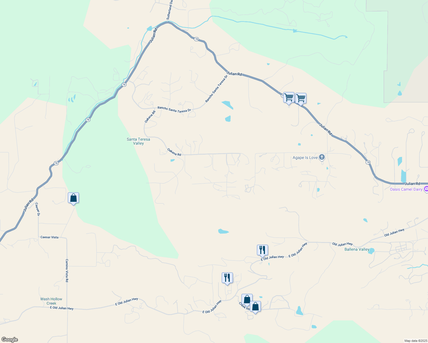 map of restaurants, bars, coffee shops, grocery stores, and more near 25215 Oakana Road in Ramona