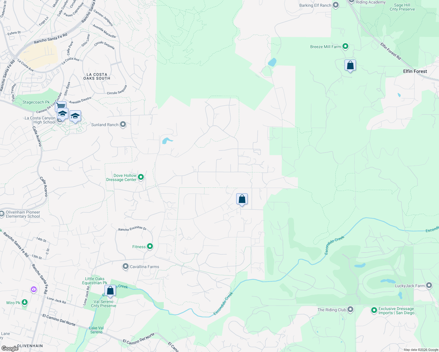 map of restaurants, bars, coffee shops, grocery stores, and more near 3550 Dove Hollow Road in Encinitas