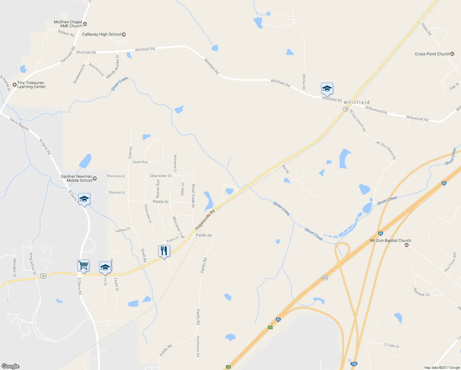 map of restaurants, bars, coffee shops, grocery stores, and more near 3891 Hogansville Road in LaGrange