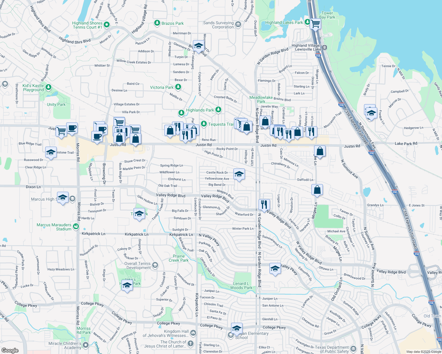 map of restaurants, bars, coffee shops, grocery stores, and more near 1641 Yellowstone Avenue in Lewisville