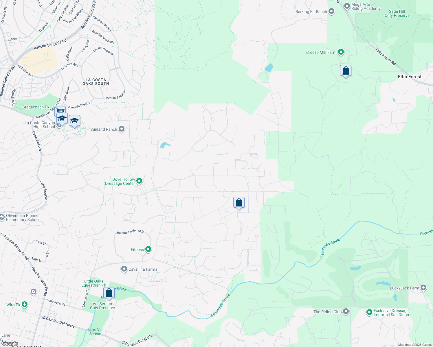 map of restaurants, bars, coffee shops, grocery stores, and more near 3550 Dove Hollow Road in Encinitas