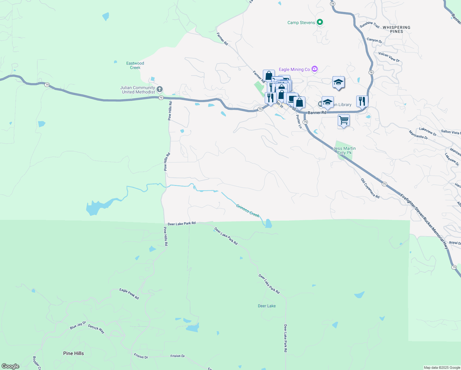 map of restaurants, bars, coffee shops, grocery stores, and more near Van Duesan Road in Julian