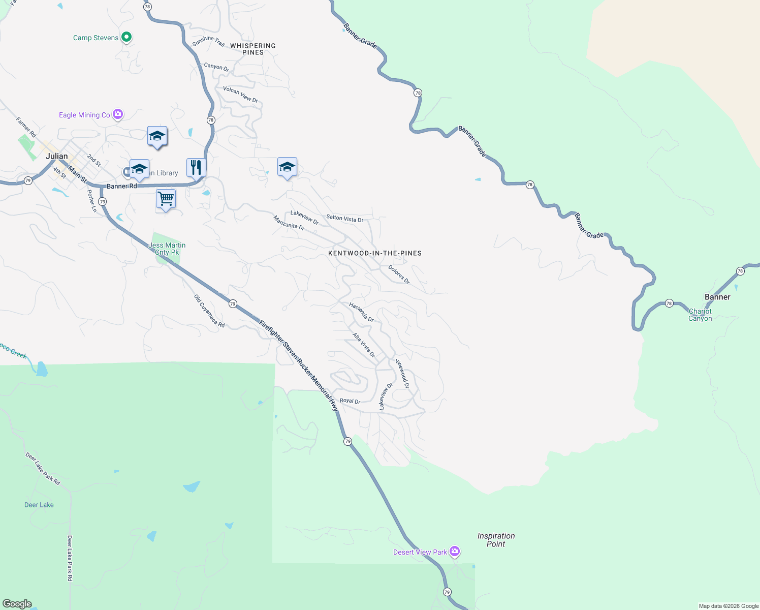 map of restaurants, bars, coffee shops, grocery stores, and more near 3304 Country Club Drive in Julian