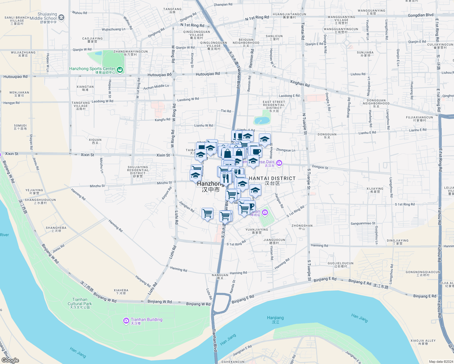 map of restaurants, bars, coffee shops, grocery stores, and more near Min Zhu Jie in Han Zhong Shi