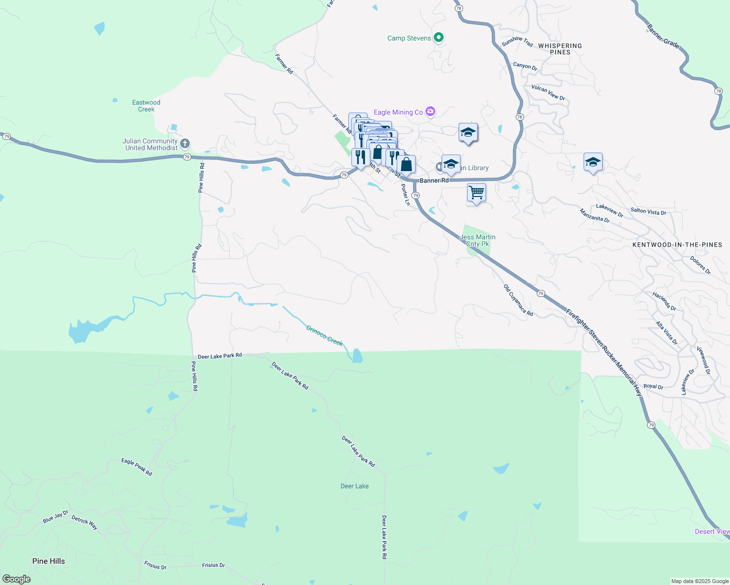 map of restaurants, bars, coffee shops, grocery stores, and more near Van Duesan Road in Julian