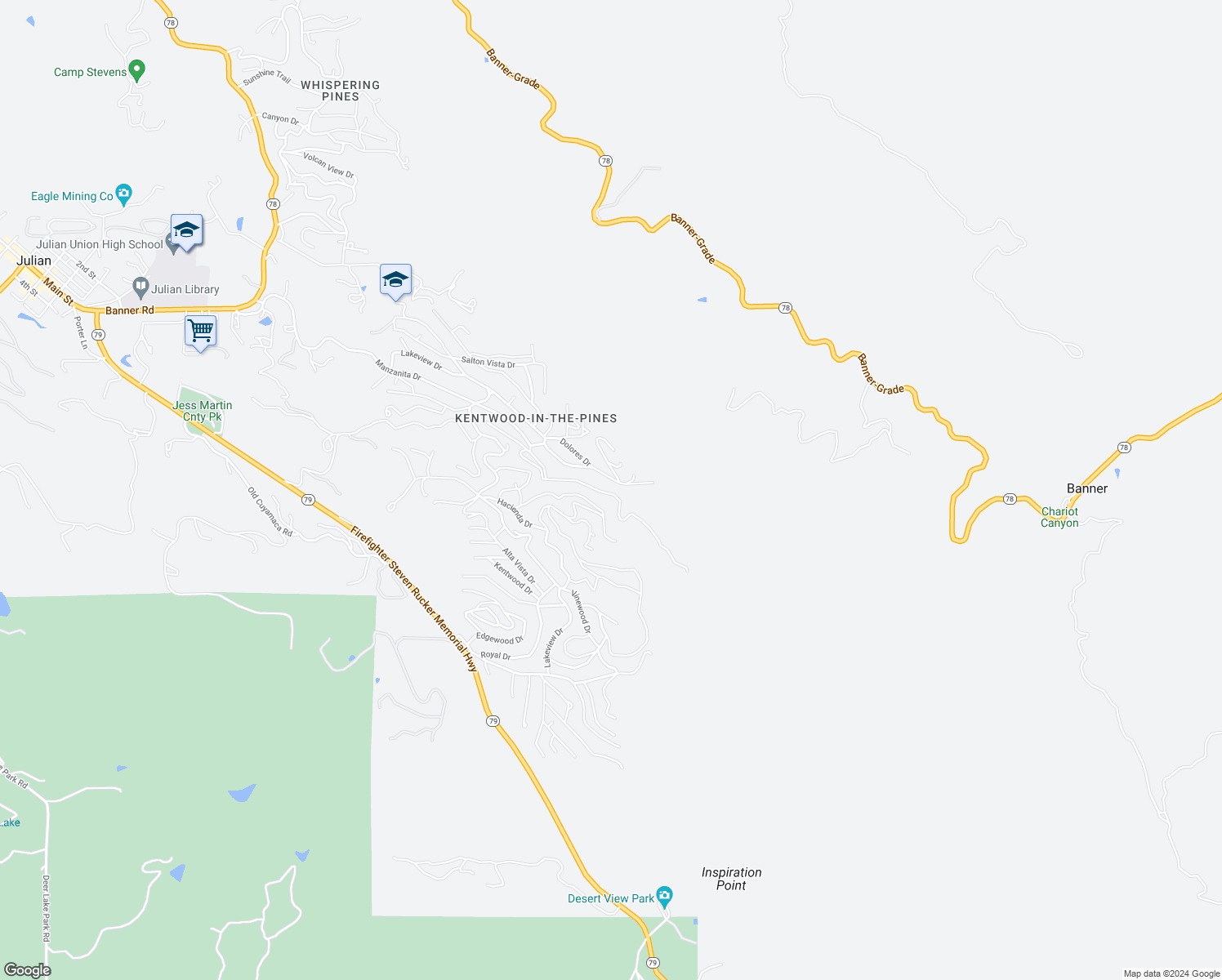 map of restaurants, bars, coffee shops, grocery stores, and more near 555 Manzanita Drive in Julian