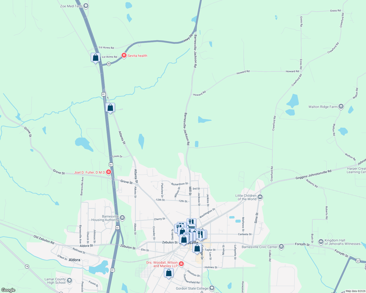 map of restaurants, bars, coffee shops, grocery stores, and more near 258 Wilson Street in Barnesville