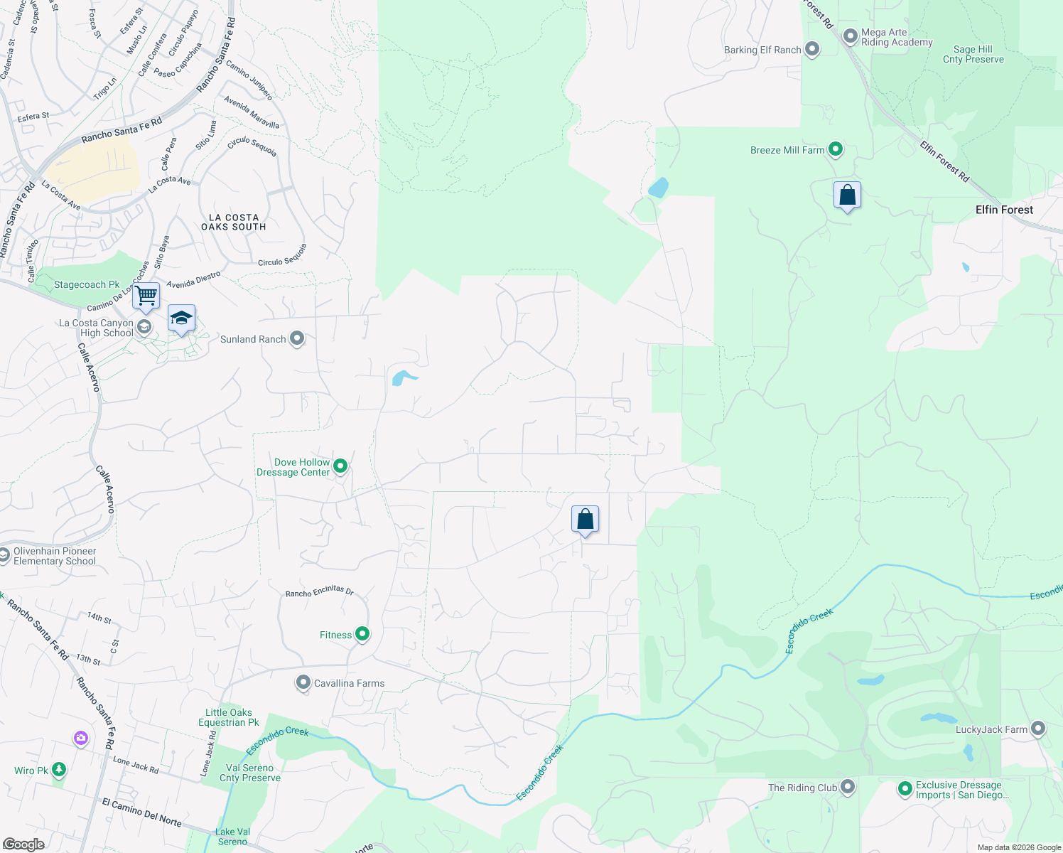 map of restaurants, bars, coffee shops, grocery stores, and more near 3540 Dove Hollow Road in Encinitas