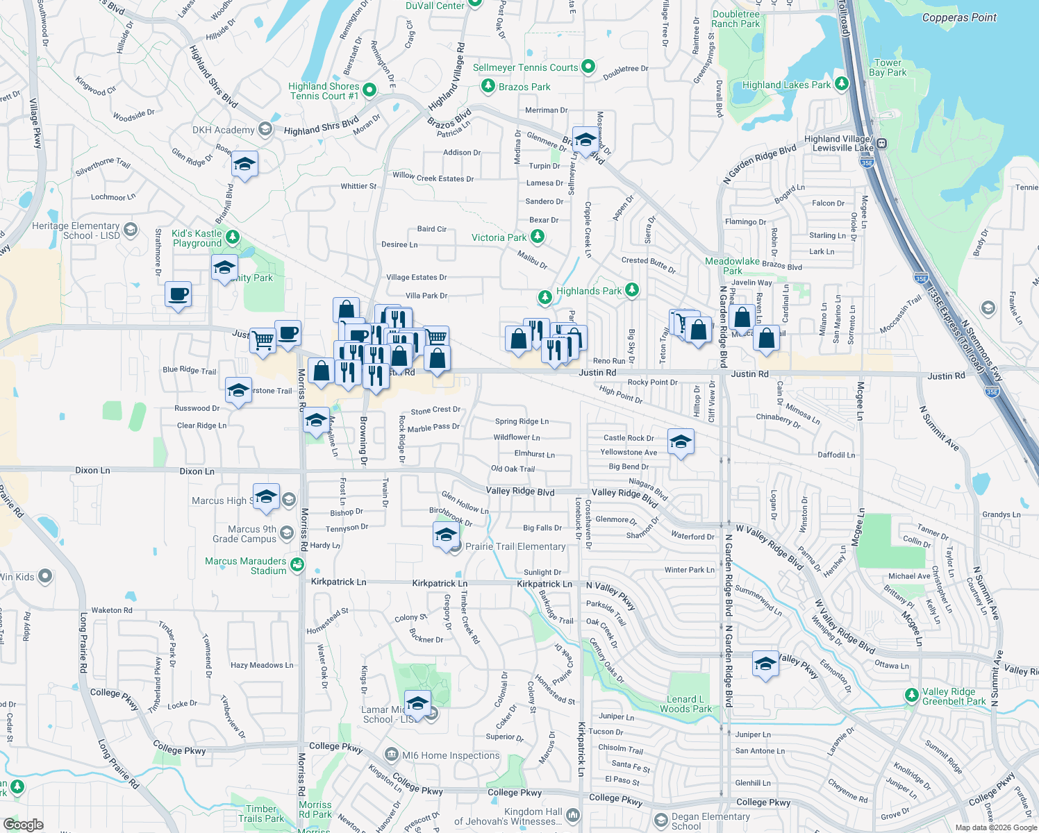 map of restaurants, bars, coffee shops, grocery stores, and more near 1404 Spring Ridge Lane in Flower Mound