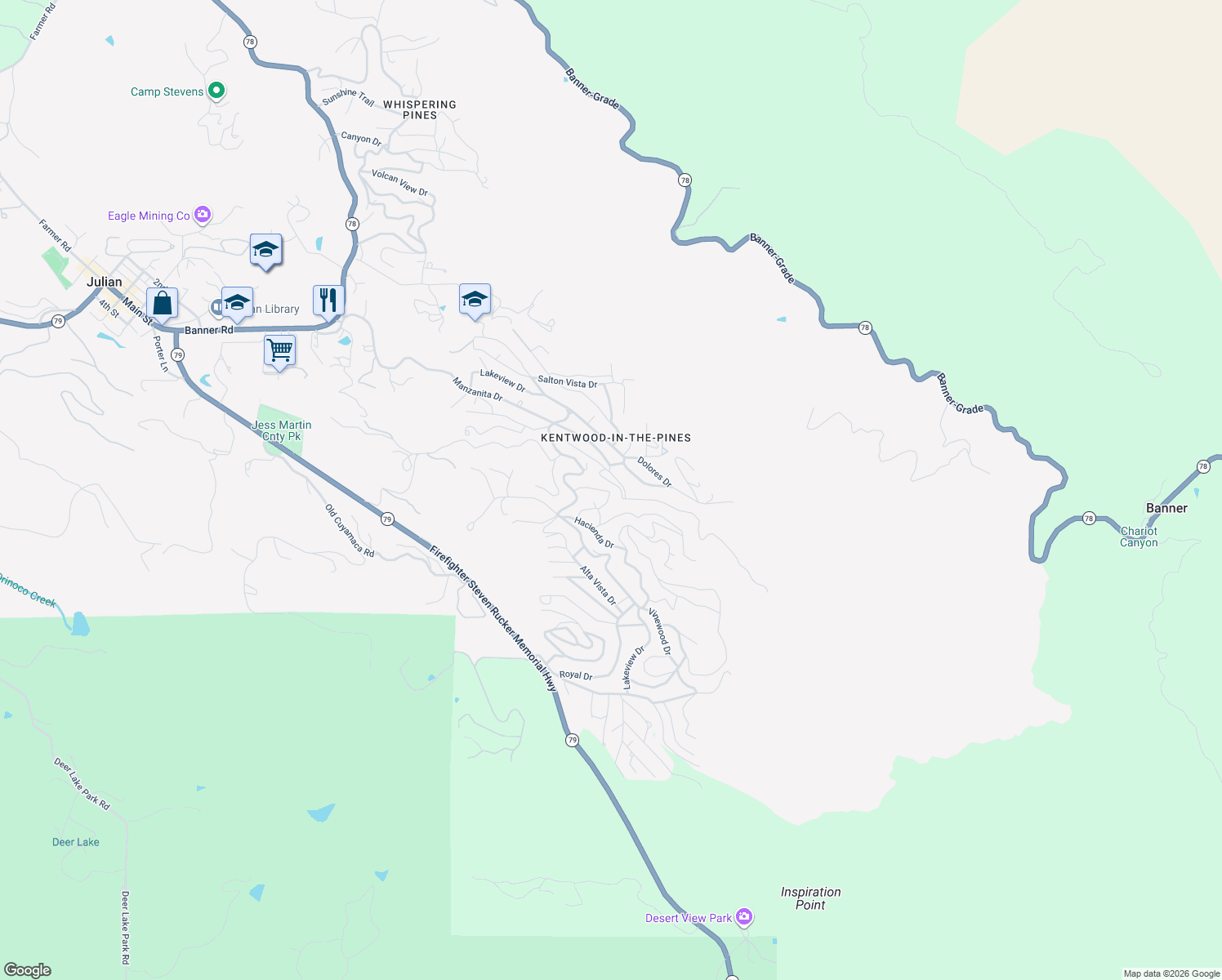 map of restaurants, bars, coffee shops, grocery stores, and more near 3305 Oakwood Drive in Julian