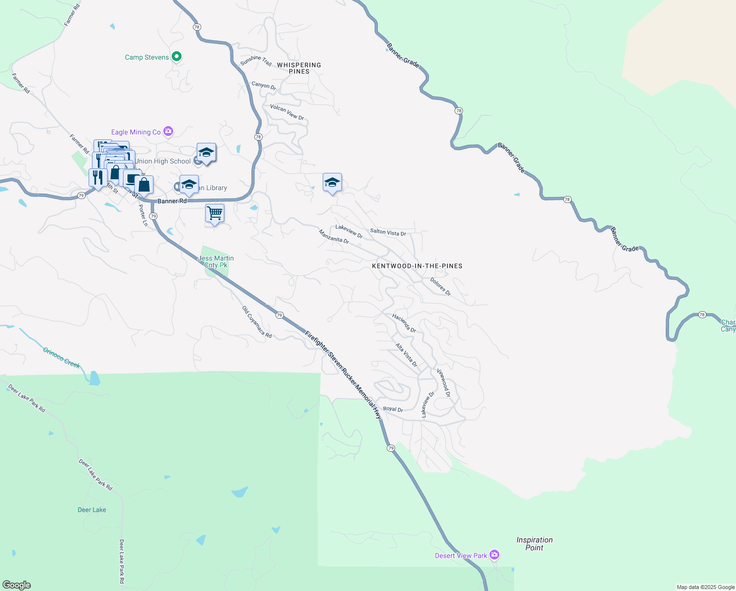 map of restaurants, bars, coffee shops, grocery stores, and more near 3247 Canyon Drive in Julian