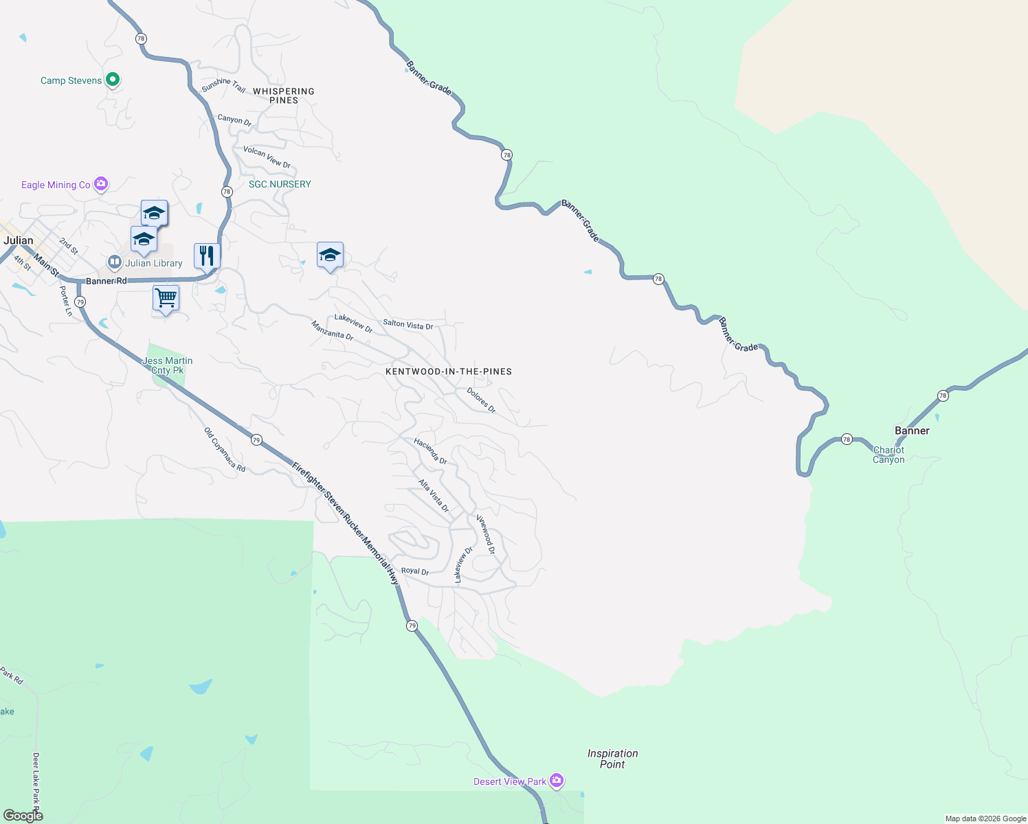 map of restaurants, bars, coffee shops, grocery stores, and more near 3267 Salton Vista Drive in Julian