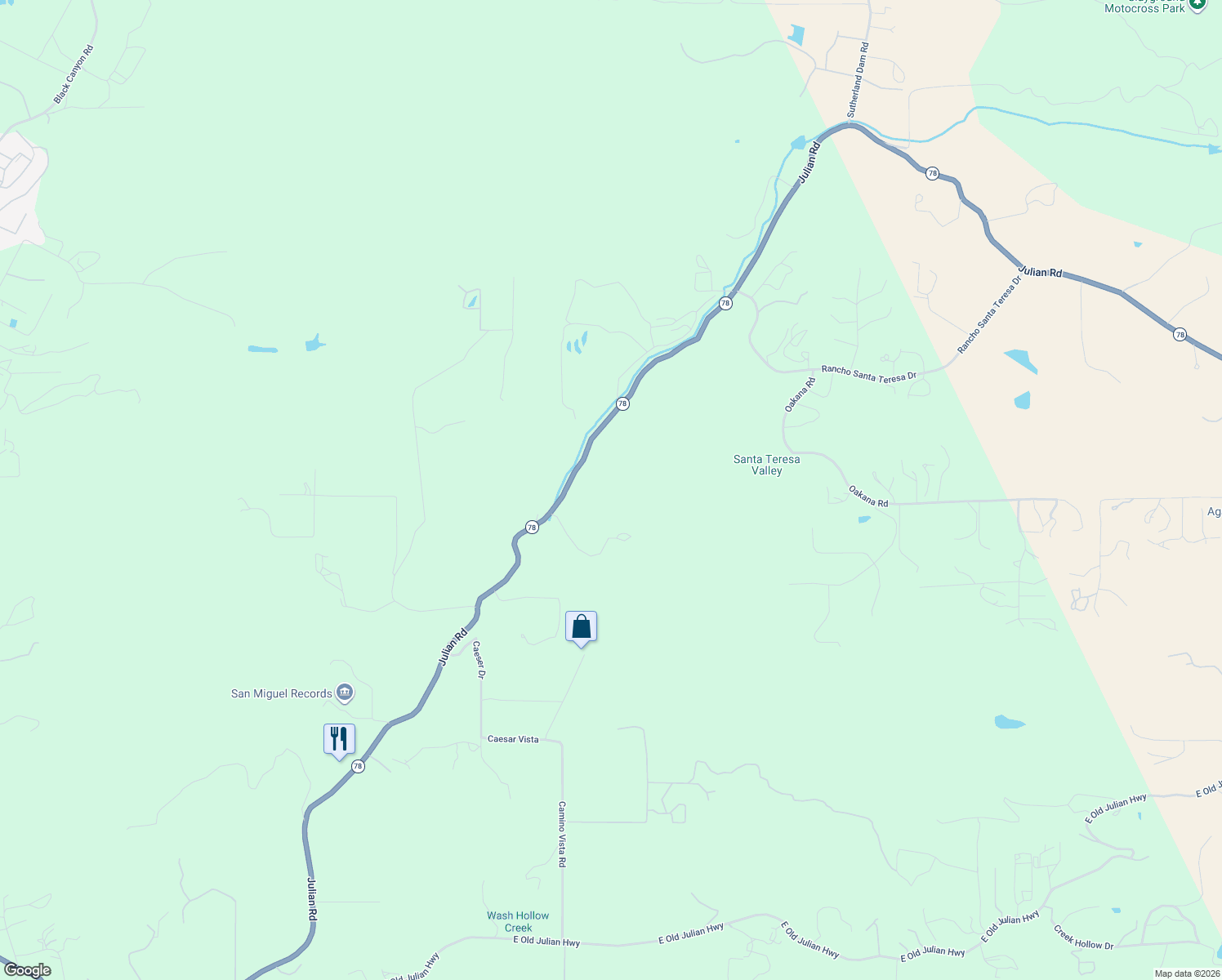 map of restaurants, bars, coffee shops, grocery stores, and more near 24215 California 78 in Ramona