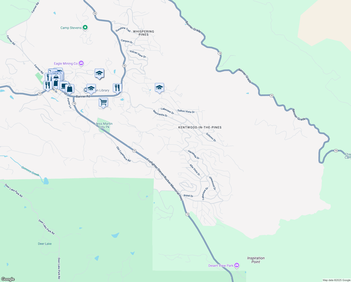 map of restaurants, bars, coffee shops, grocery stores, and more near 3247 Canyon Drive in Julian