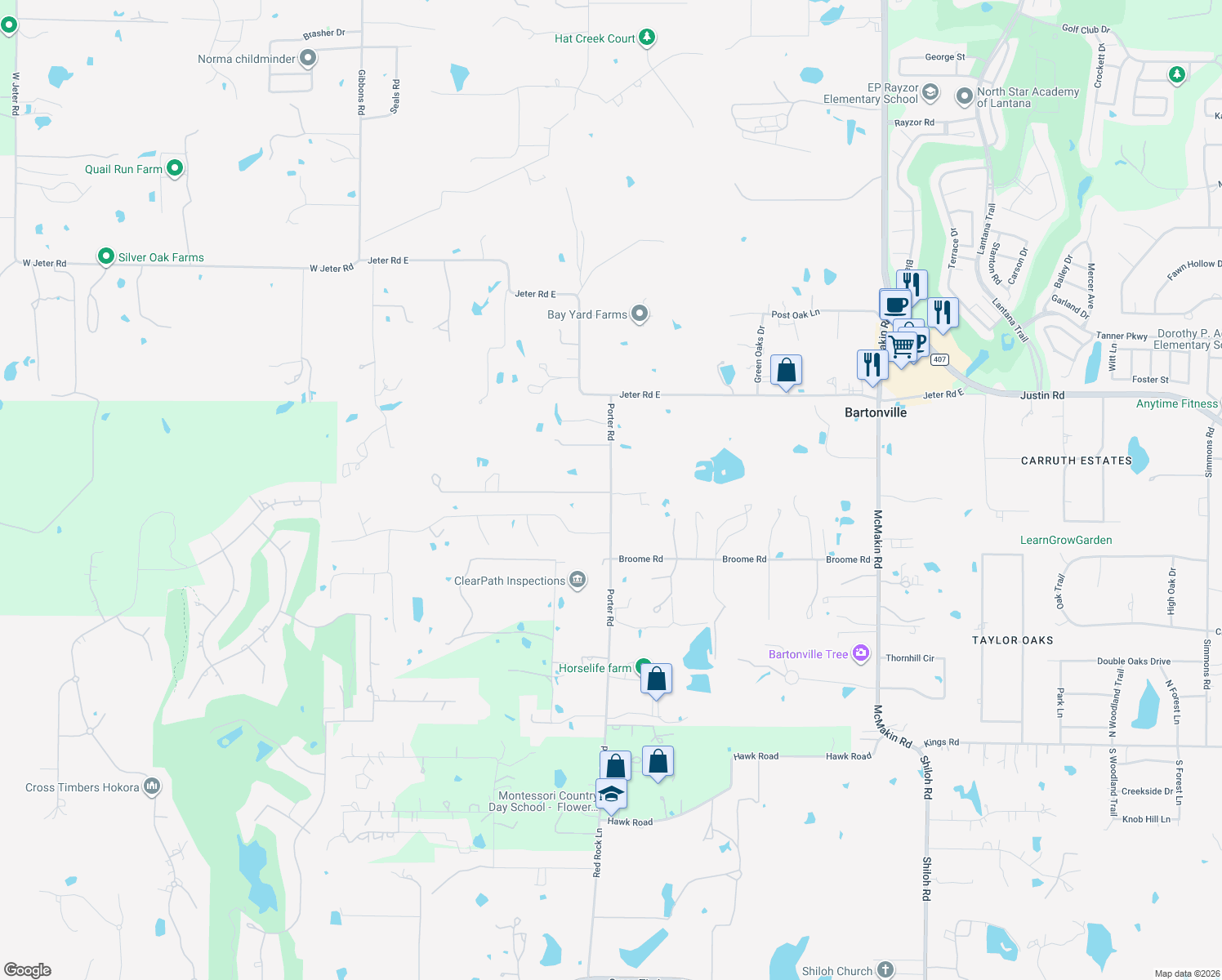 map of restaurants, bars, coffee shops, grocery stores, and more near 400 Porter Road in Bartonville