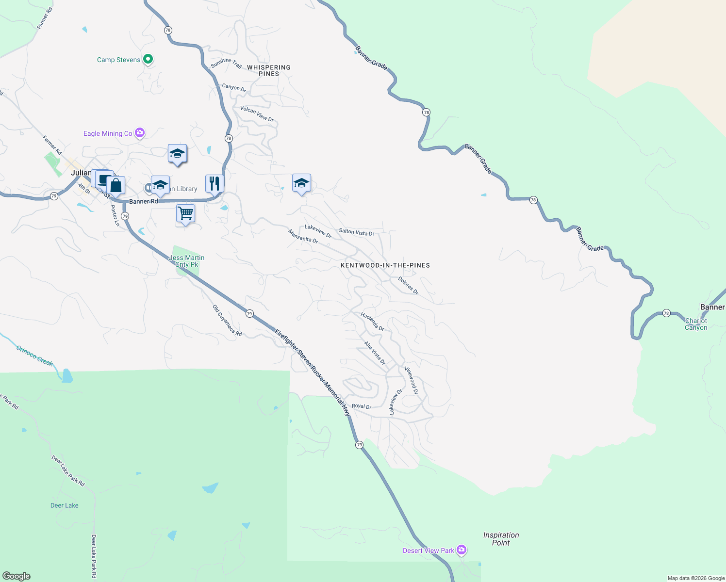 map of restaurants, bars, coffee shops, grocery stores, and more near 3208 Oakwood Drive in Julian