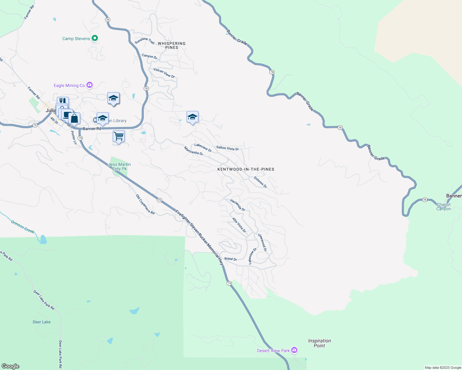 map of restaurants, bars, coffee shops, grocery stores, and more near 3208 Oakwood Drive in Julian