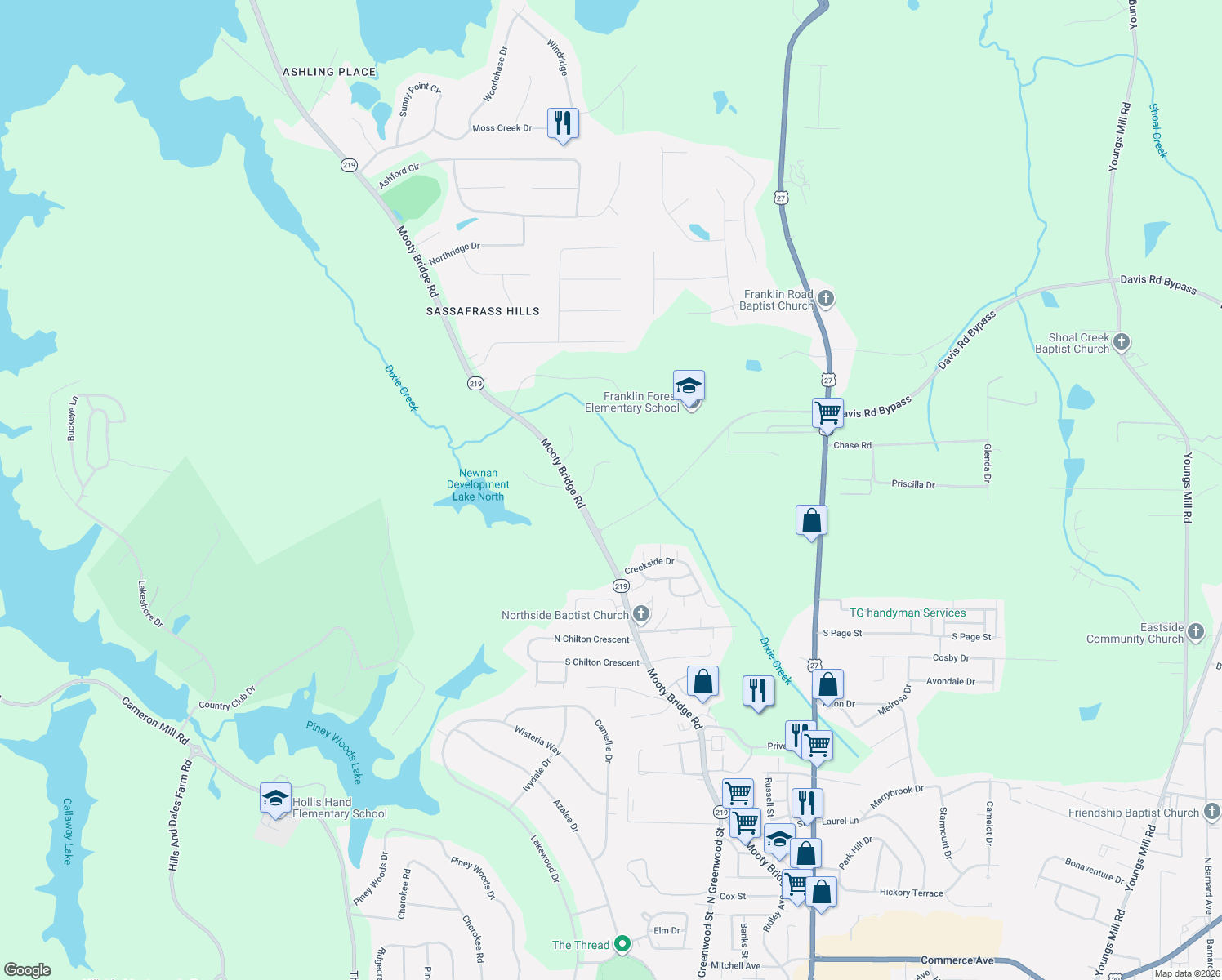 map of restaurants, bars, coffee shops, grocery stores, and more near 100 Chinaberry Lane in LaGrange