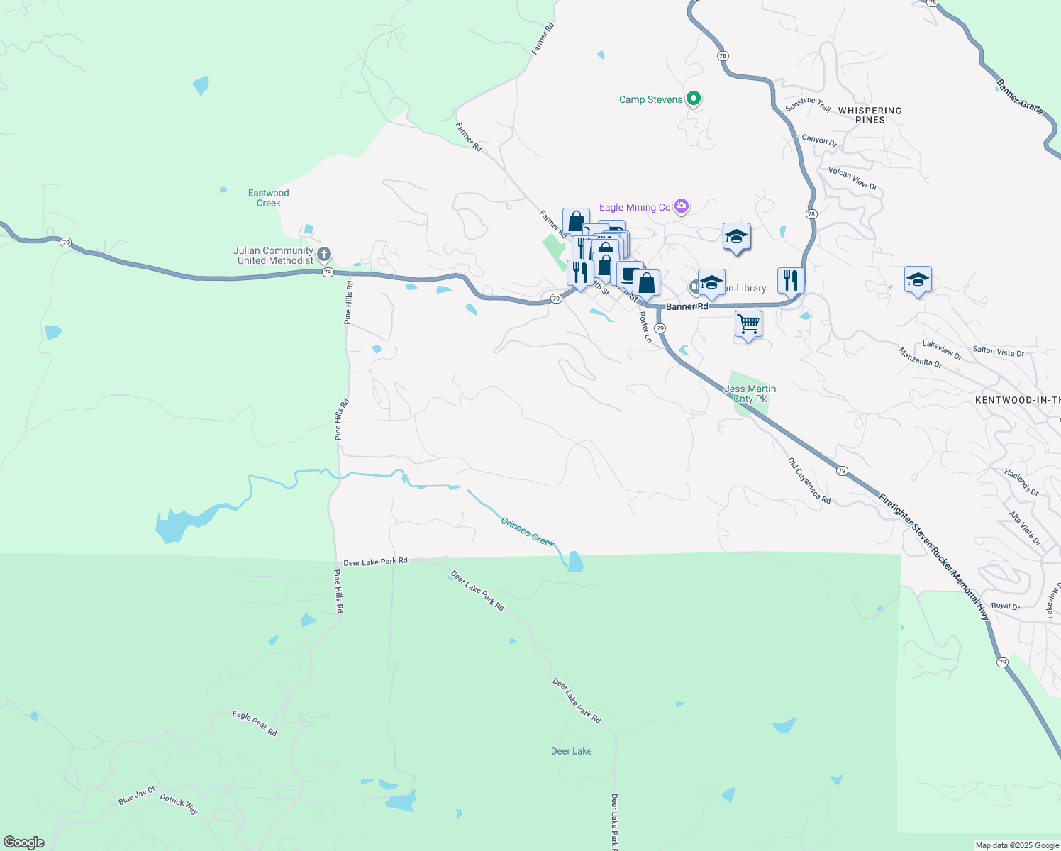 map of restaurants, bars, coffee shops, grocery stores, and more near 3258 Pine Hills Road in Julian