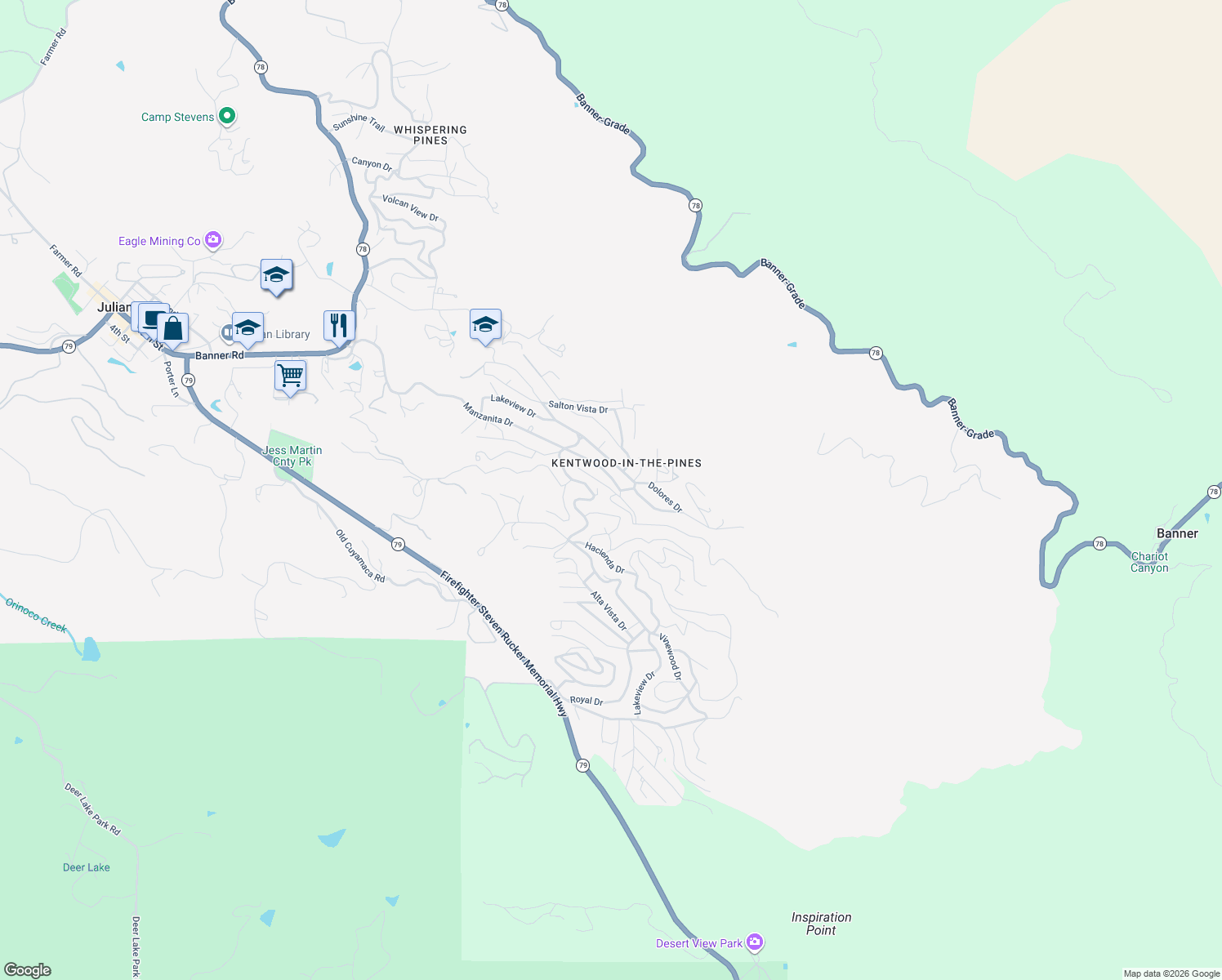map of restaurants, bars, coffee shops, grocery stores, and more near 765 Ridgewood Dr in Julian