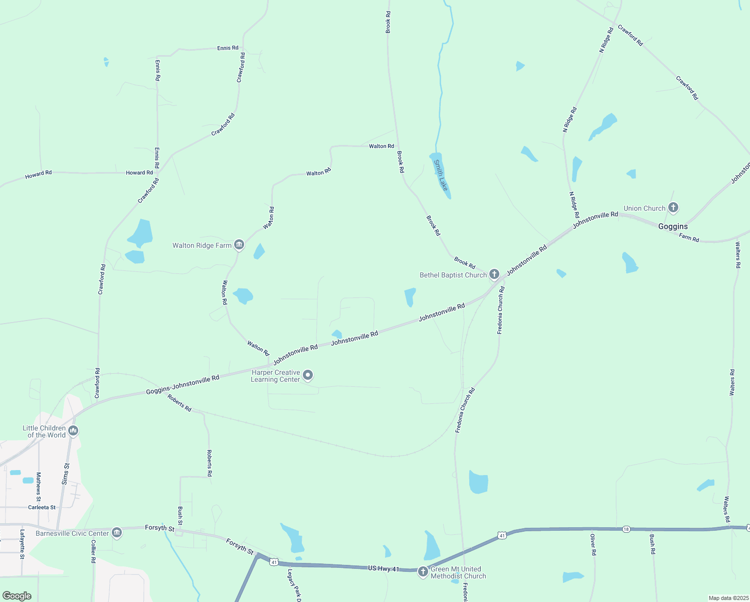 map of restaurants, bars, coffee shops, grocery stores, and more near Lanette Circle in Barnesville