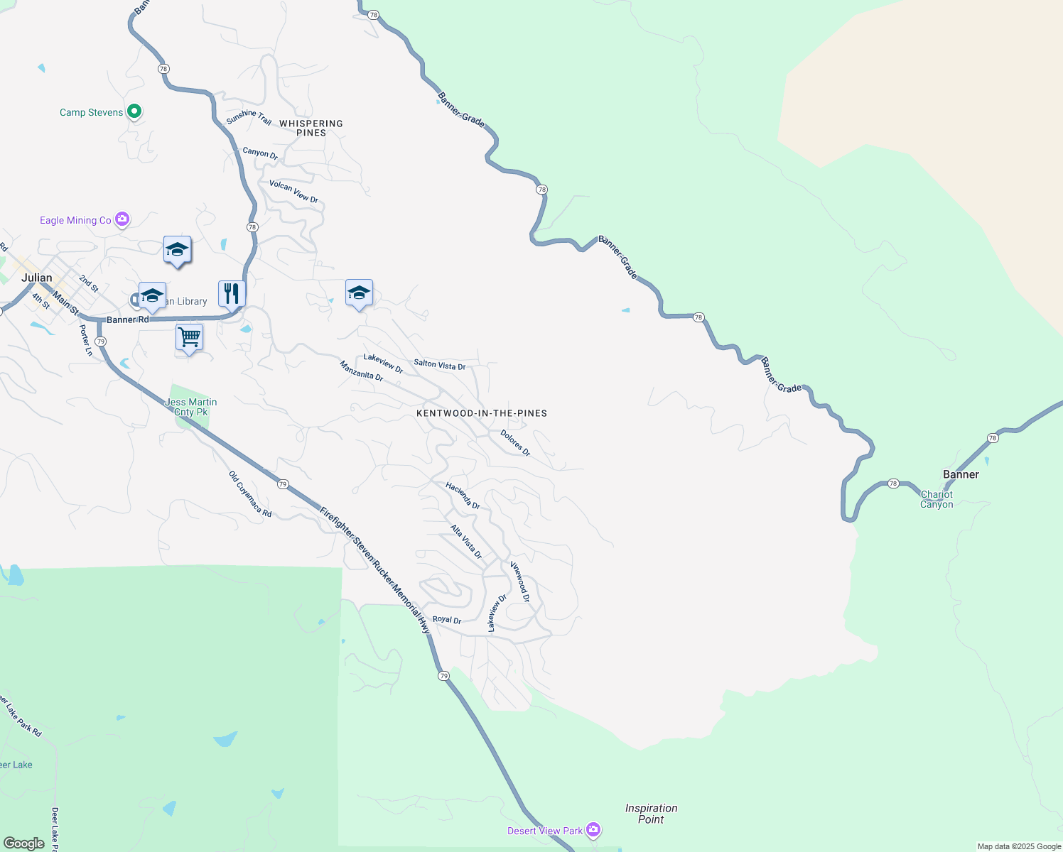 map of restaurants, bars, coffee shops, grocery stores, and more near 3129 Pheasant Drive in Julian