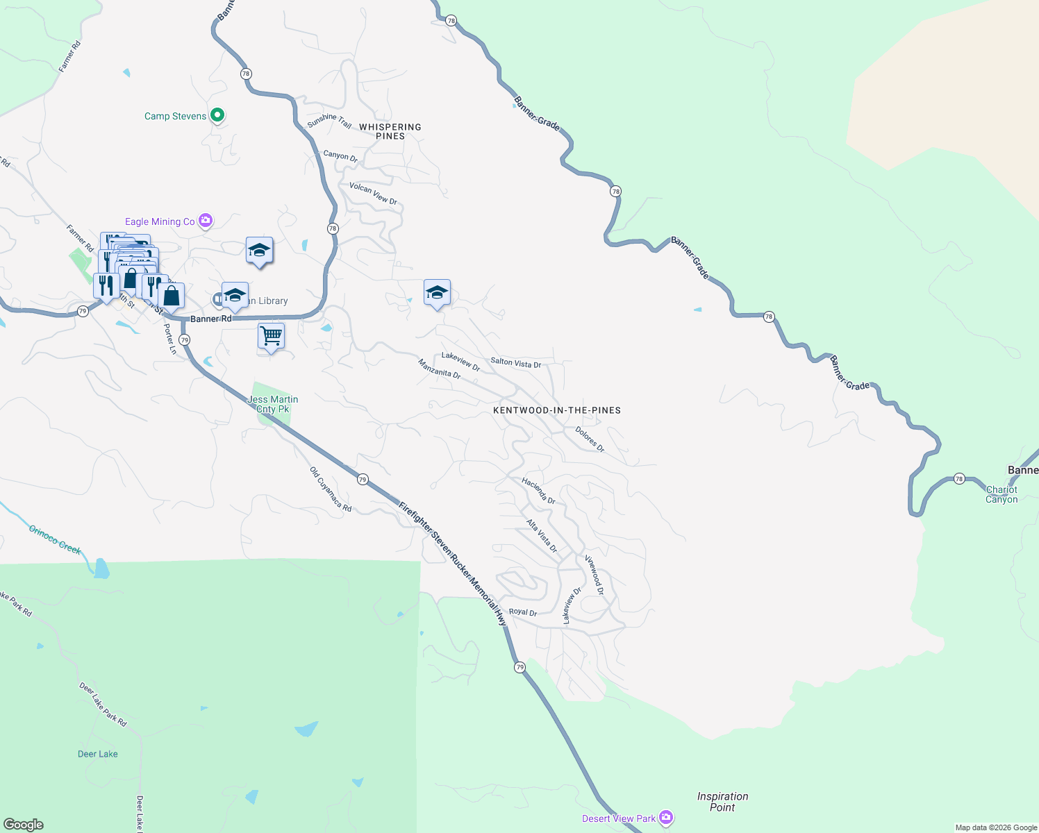 map of restaurants, bars, coffee shops, grocery stores, and more near 3027 Lakeview Drive in Julian