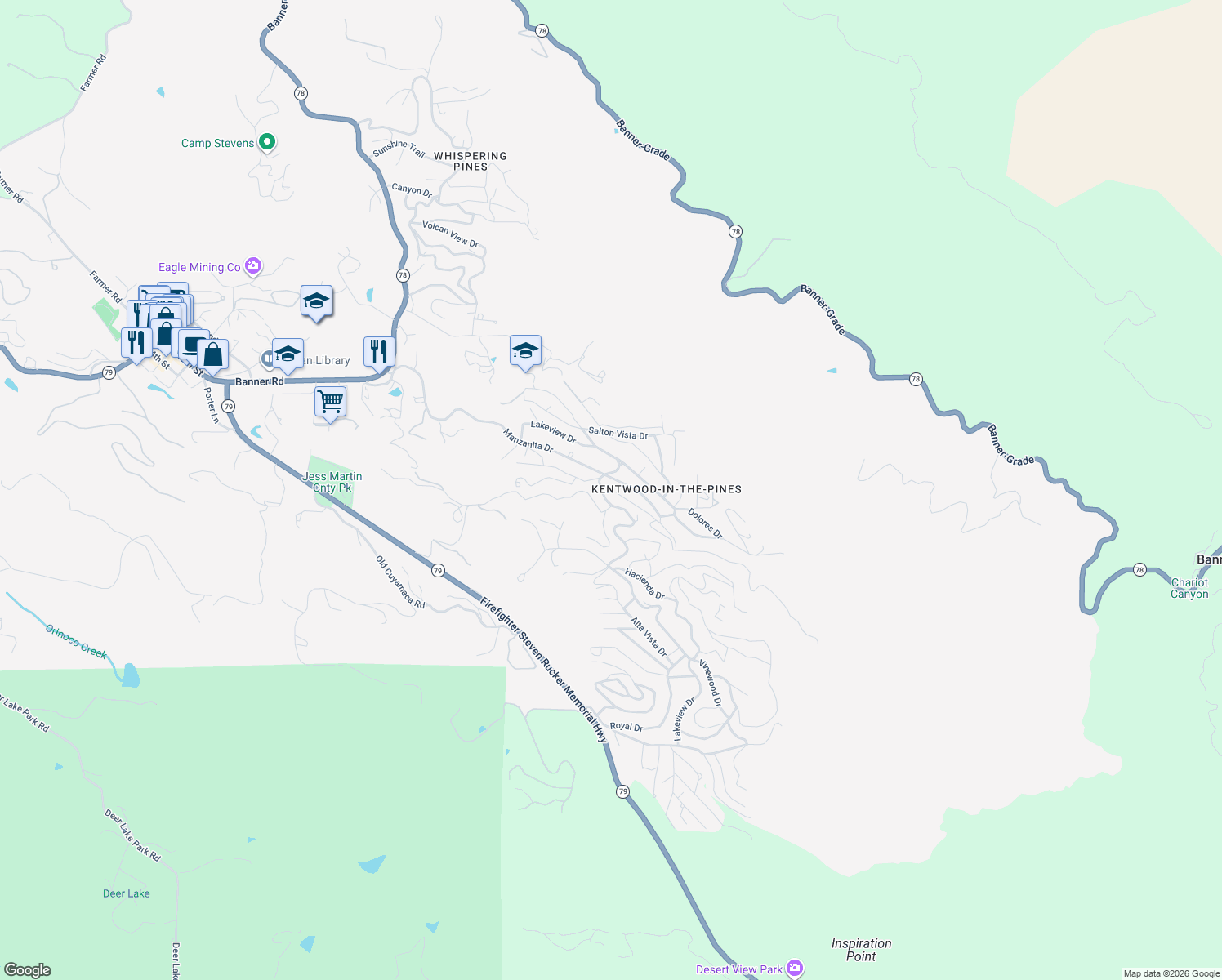 map of restaurants, bars, coffee shops, grocery stores, and more near 3027 Lakeview Drive in Julian