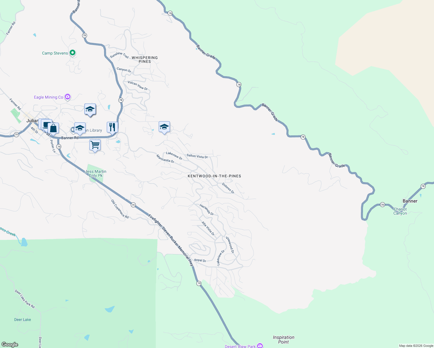 map of restaurants, bars, coffee shops, grocery stores, and more near 3027 Pine Crest Drive in Julian
