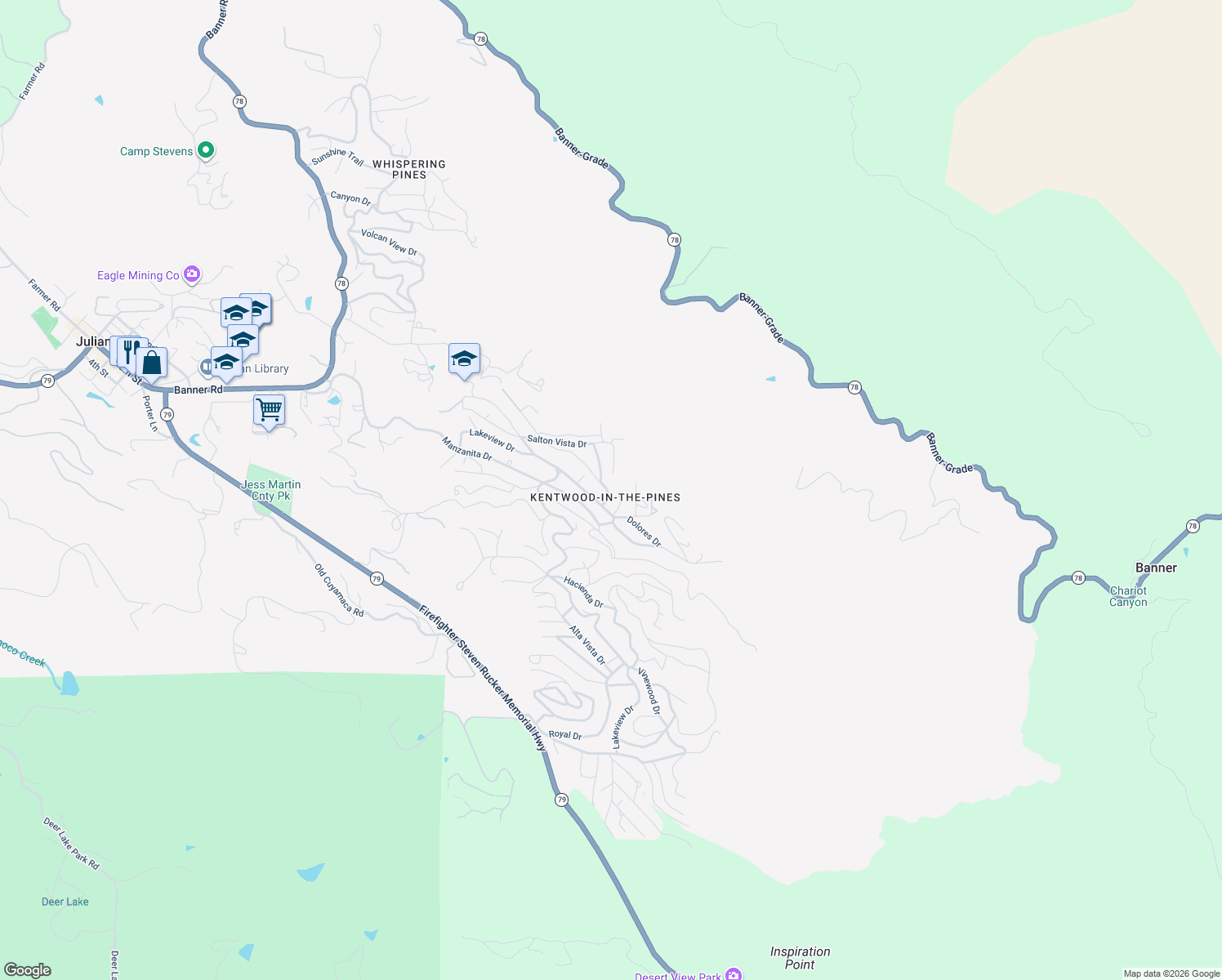 map of restaurants, bars, coffee shops, grocery stores, and more near 3027 Pine Crest Drive in Julian