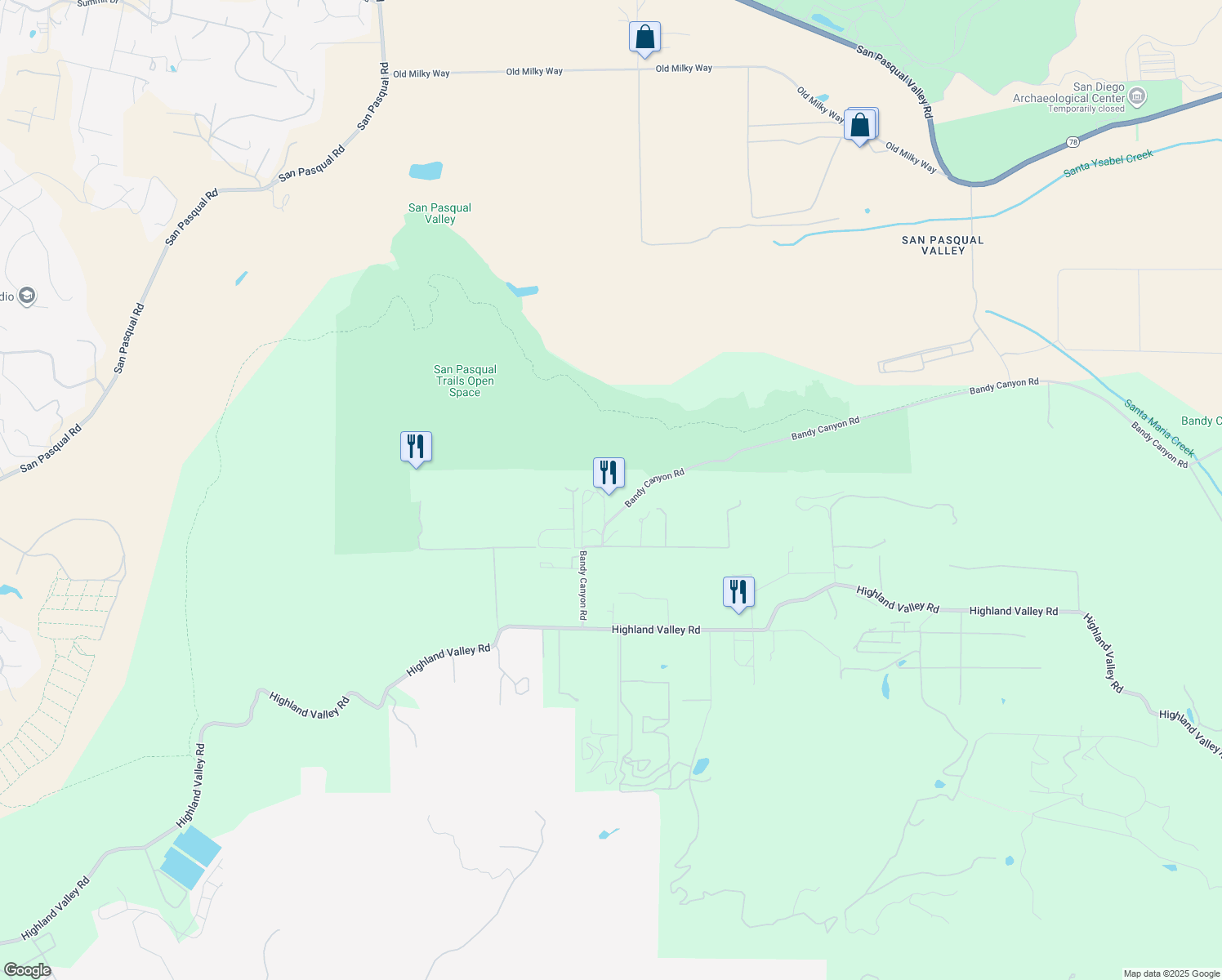 map of restaurants, bars, coffee shops, grocery stores, and more near 15450 Bandy Canyon Road in Escondido