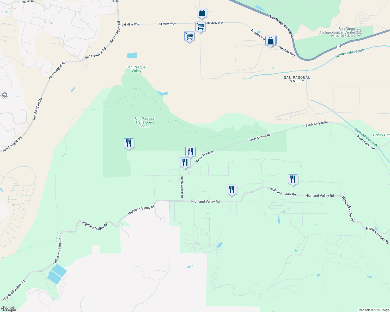 map of restaurants, bars, coffee shops, grocery stores, and more near 15450 Bandy Canyon Road in Escondido