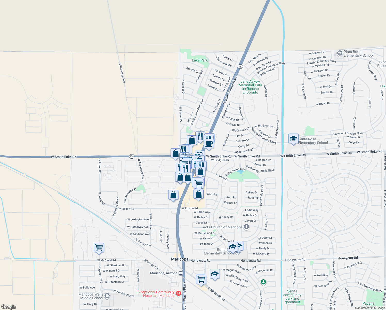 map of restaurants, bars, coffee shops, grocery stores, and more near 44600 West Smith Enke Road in Maricopa