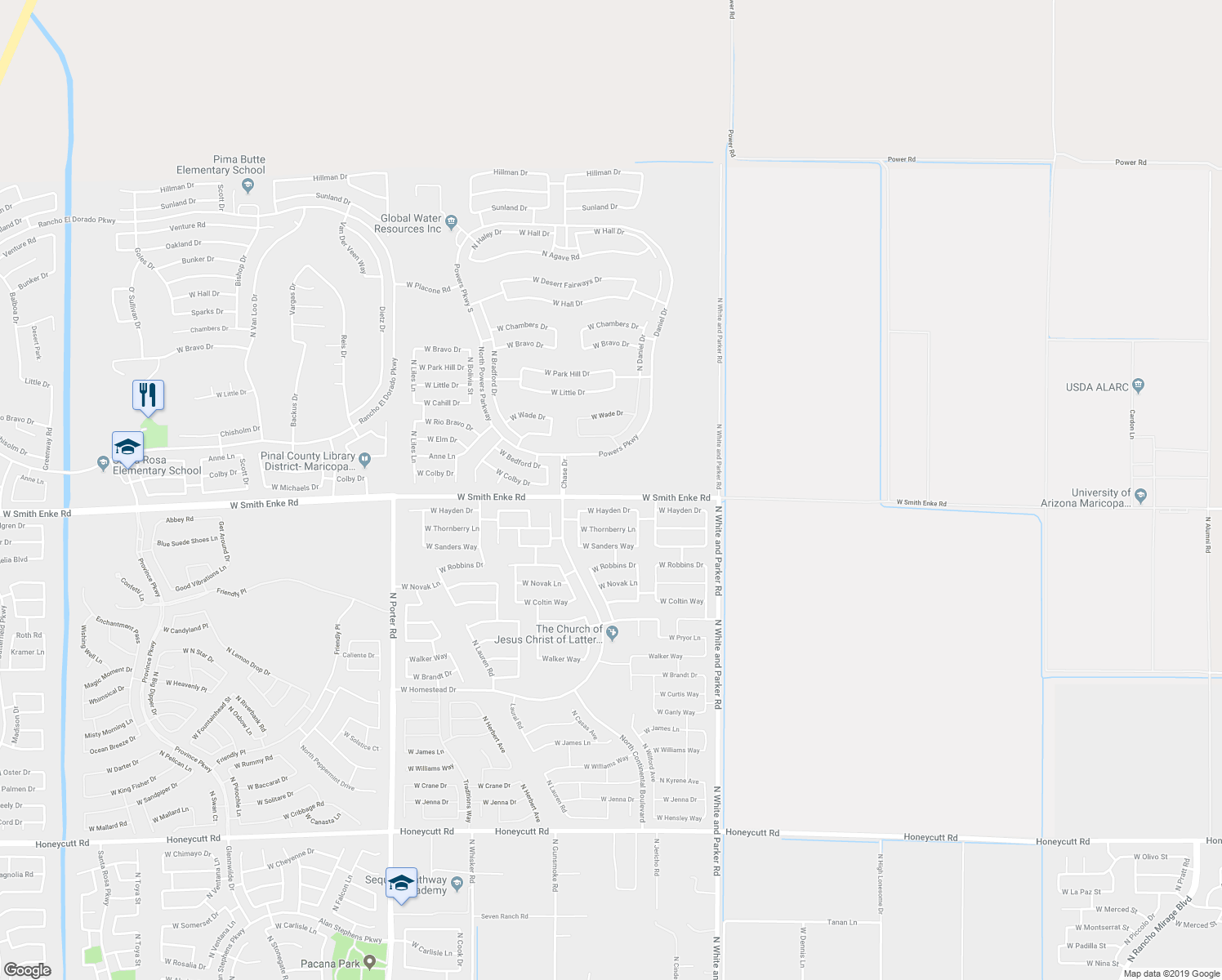 map of restaurants, bars, coffee shops, grocery stores, and more near 40435 West Michaels Drive in Maricopa