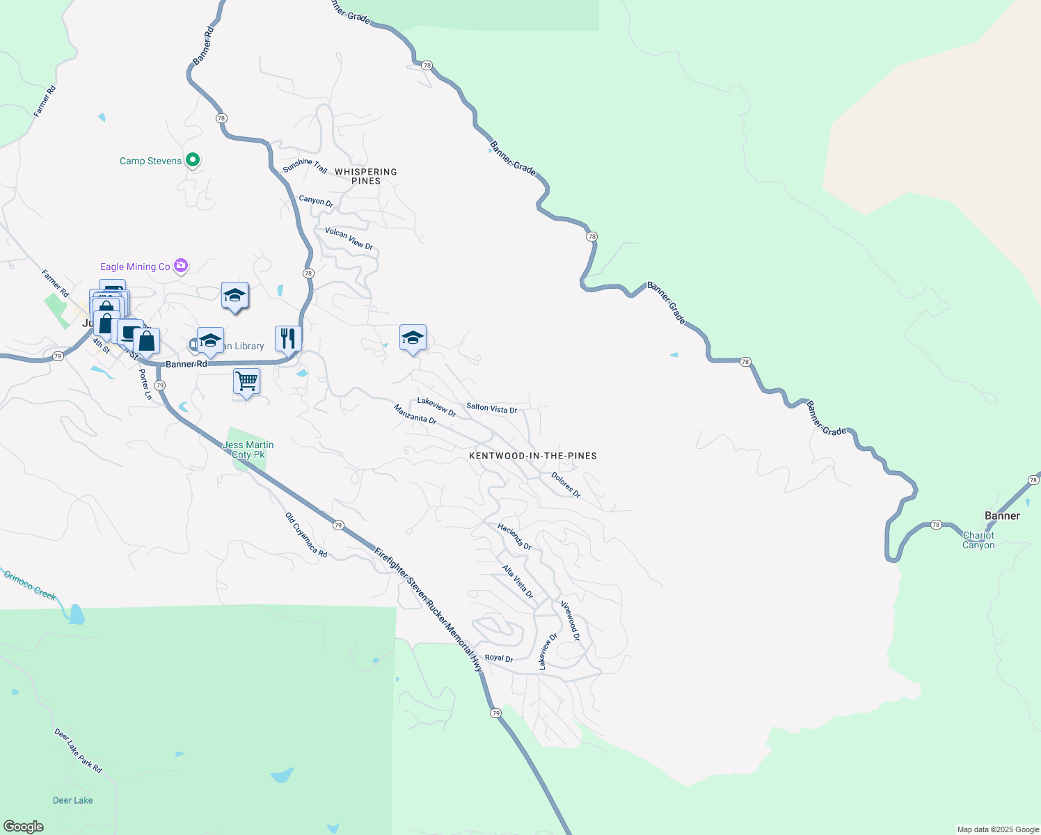 map of restaurants, bars, coffee shops, grocery stores, and more near 2816 Heliotrope Drive in Julian