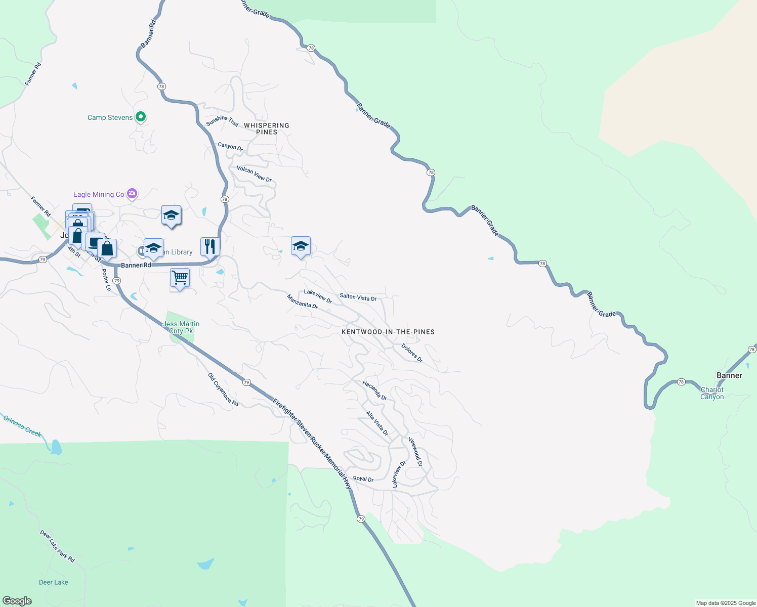 map of restaurants, bars, coffee shops, grocery stores, and more near 2816 Heliotrope Drive in Julian