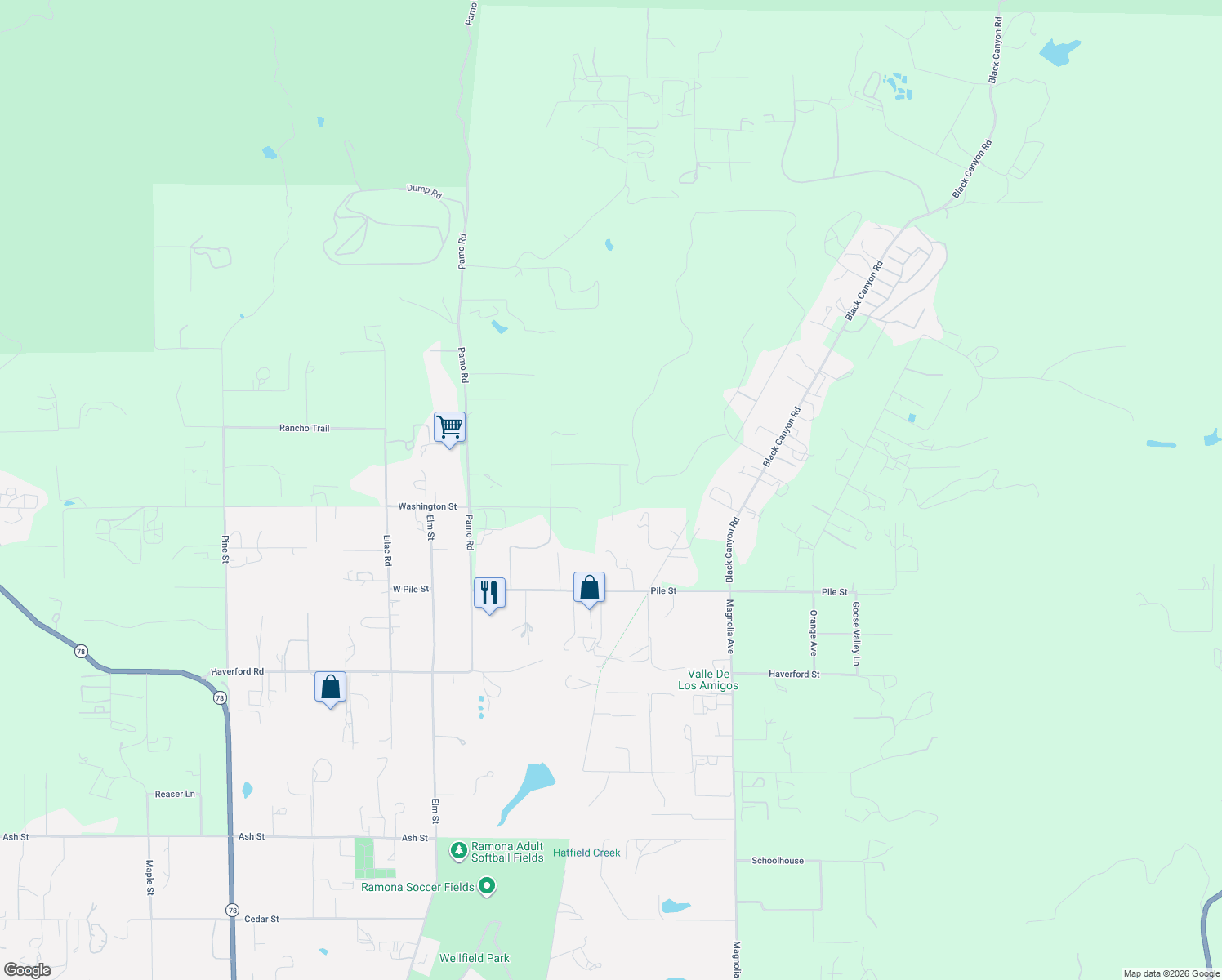 map of restaurants, bars, coffee shops, grocery stores, and more near 428 Washington Street in Ramona
