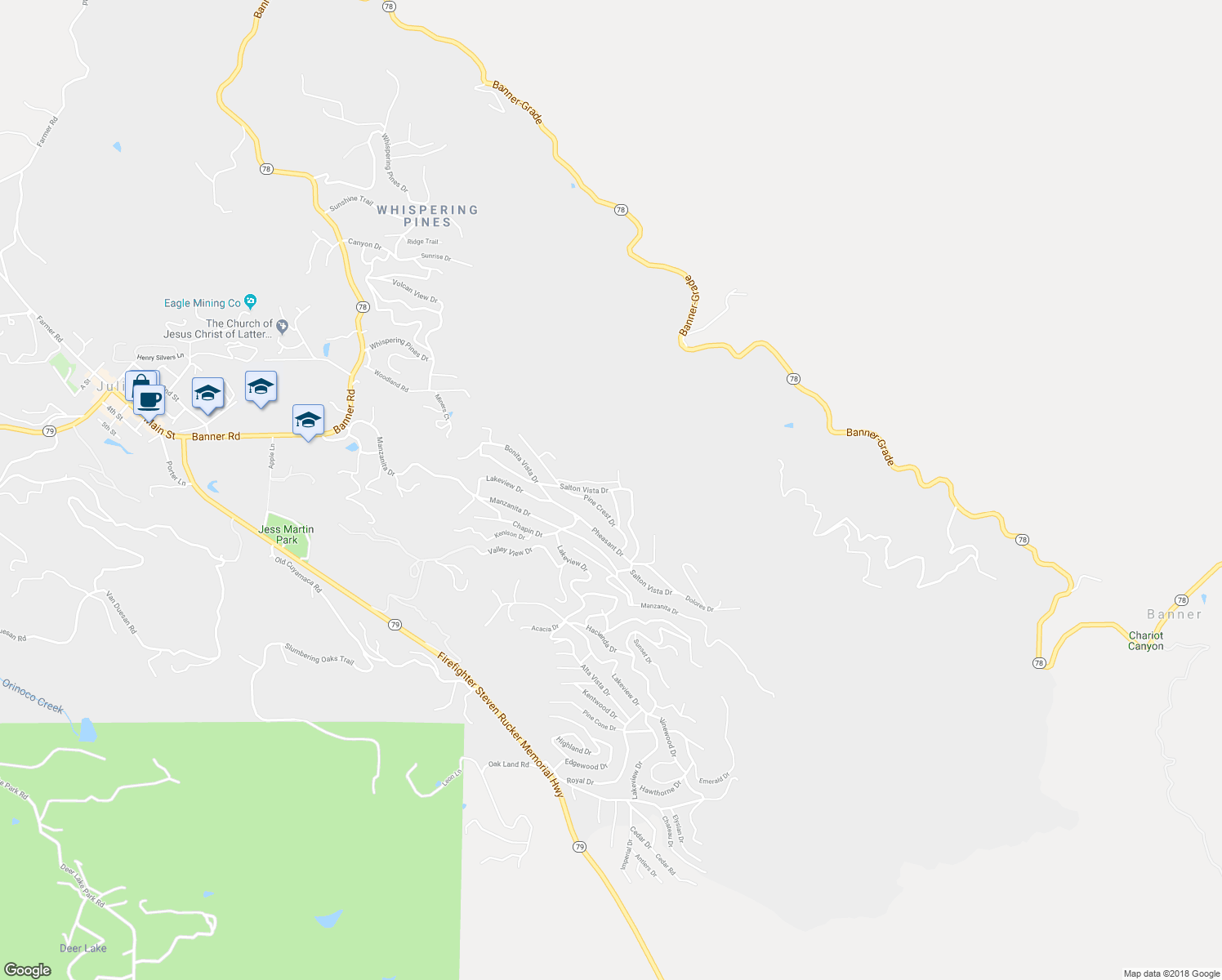 map of restaurants, bars, coffee shops, grocery stores, and more near Salton Vista Drive & Heliotrope Drive in Julian