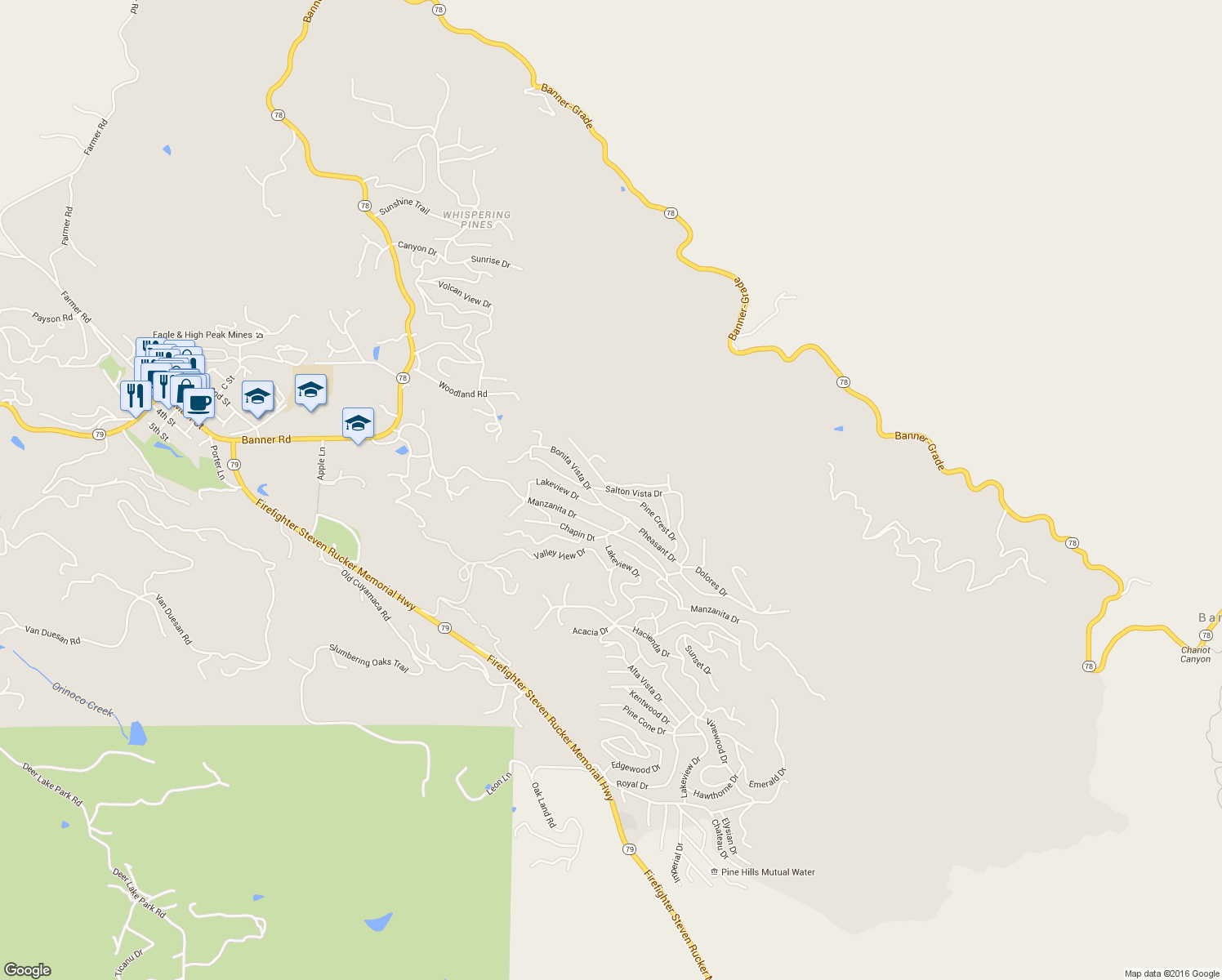 map of restaurants, bars, coffee shops, grocery stores, and more near Salton Vista Dr & Pine Crest Dr in Julian