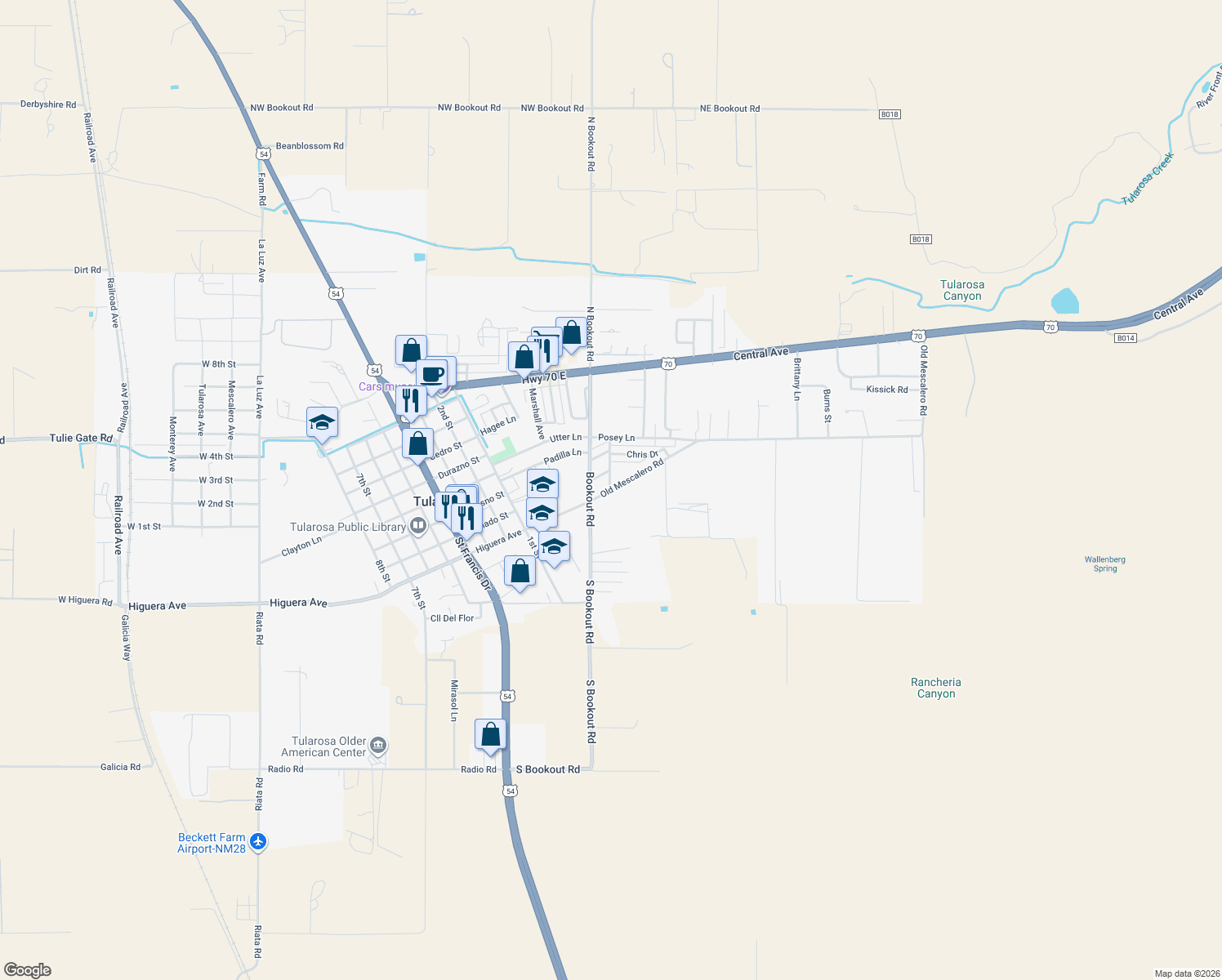 map of restaurants, bars, coffee shops, grocery stores, and more near 506 Ethel Ln in Tularosa