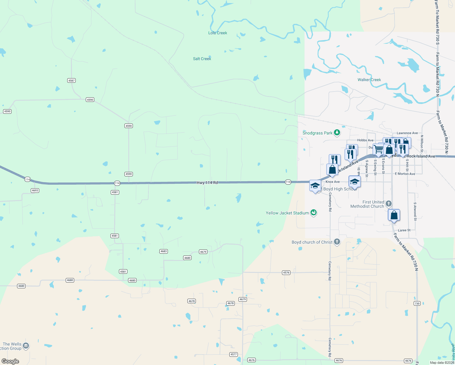 map of restaurants, bars, coffee shops, grocery stores, and more near 2971 Texas 114 in Boyd