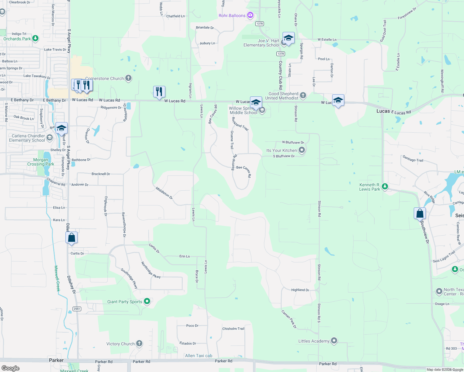 map of restaurants, bars, coffee shops, grocery stores, and more near 525 Bastrop Road in Allen