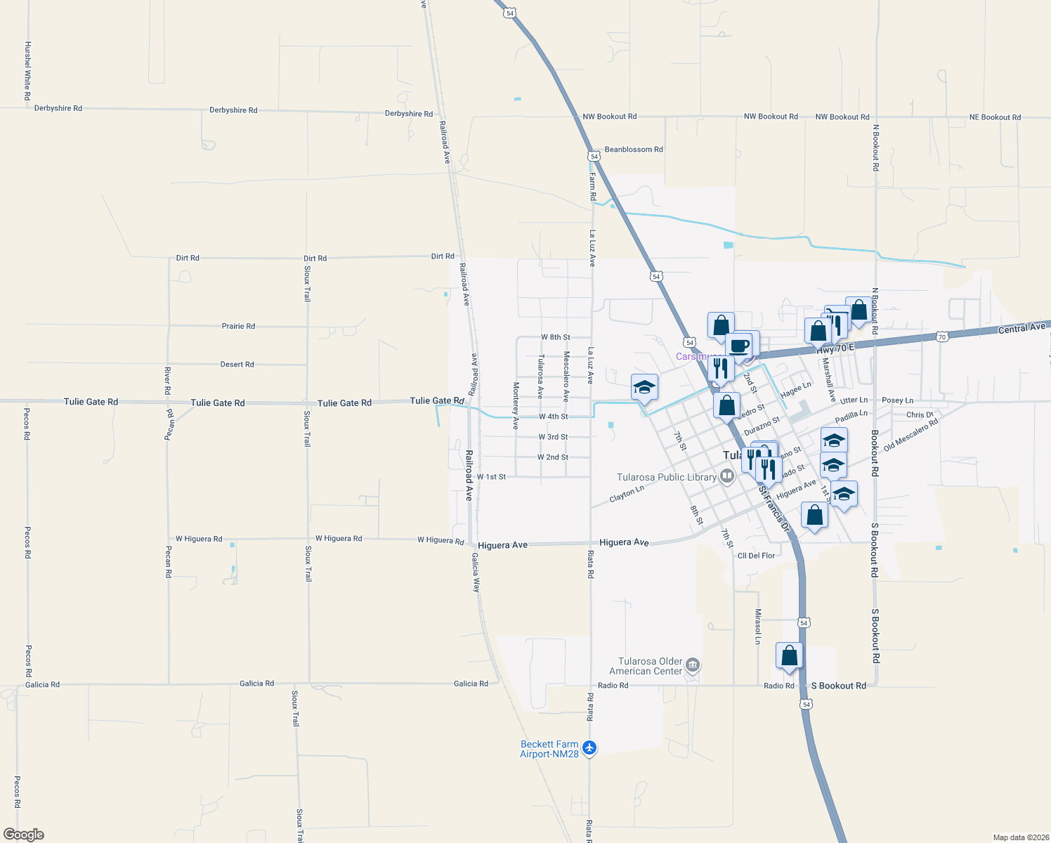 map of restaurants, bars, coffee shops, grocery stores, and more near 1604 W 3rd St in Tularosa
