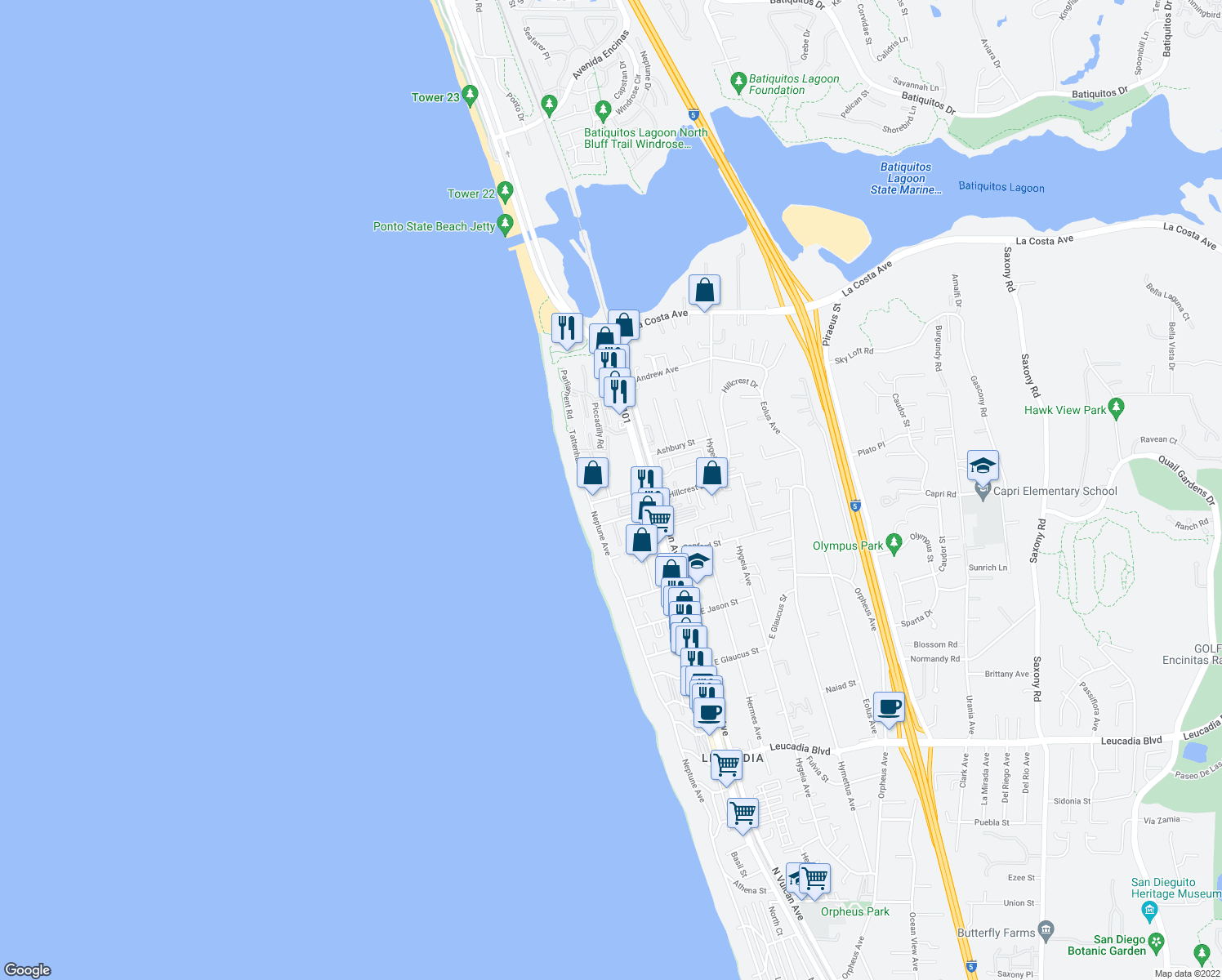 map of restaurants, bars, coffee shops, grocery stores, and more near 142 Grandview Street in Encinitas